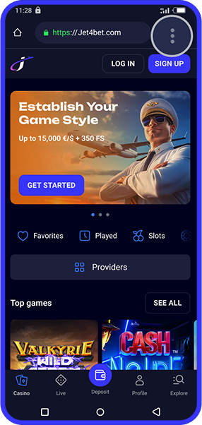 Jet4Bet auf Android — Startbildschirm und Slot-Auswahl